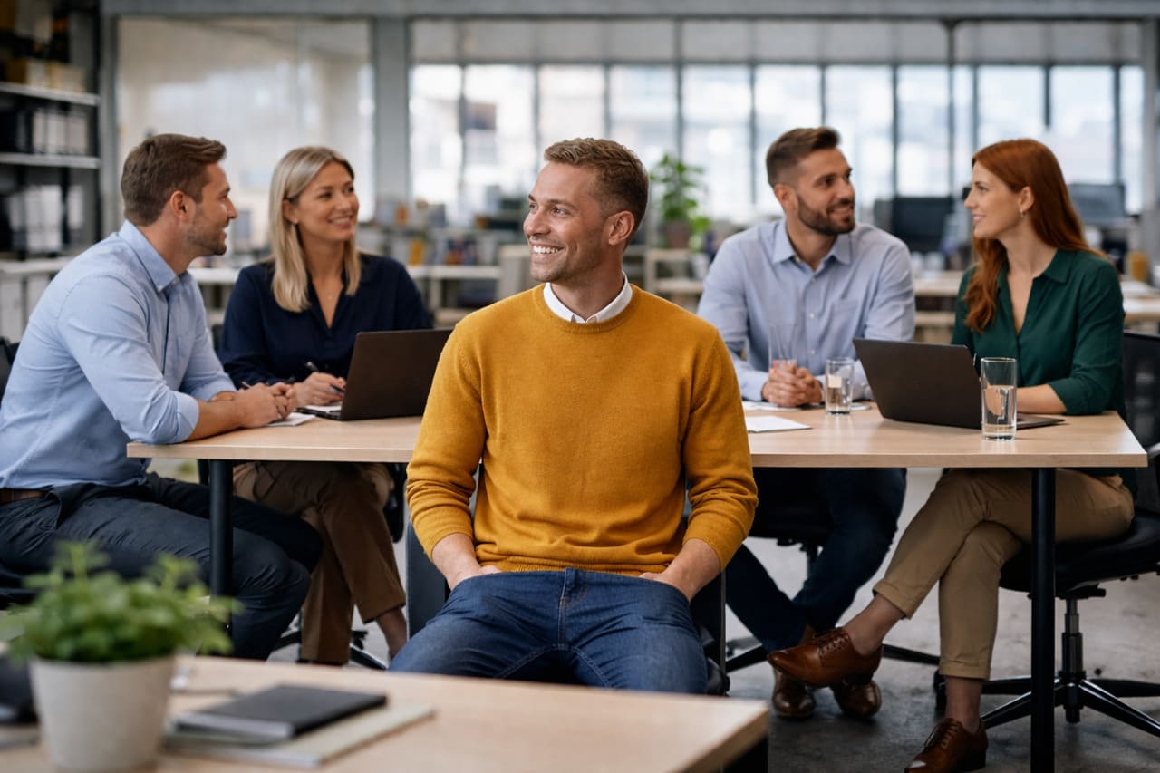A clean, abstract network diagram on a dark background showing connections between employees, where one central node is highlighted in gold, representing a hidden leader connecting different departments.
