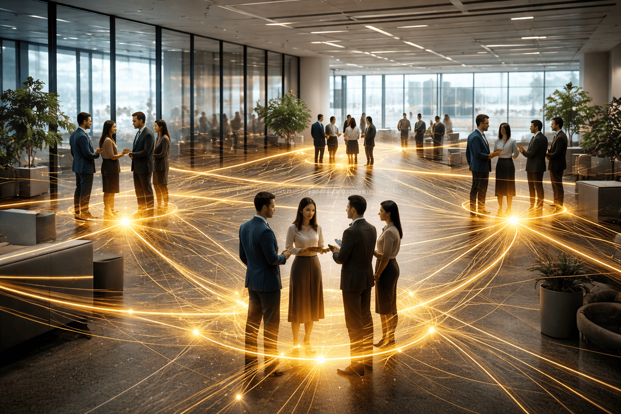 Abstrakti visualisointi yrityksen verkkoon, jossa kultainen linjat edustavat energian virtausta ja tukea työntekijöiden välillä tumma tausta